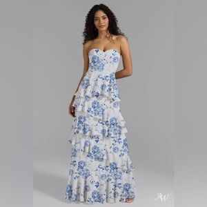 AW Bridal Nate Dress - Floral Strapless Blue and White Dress